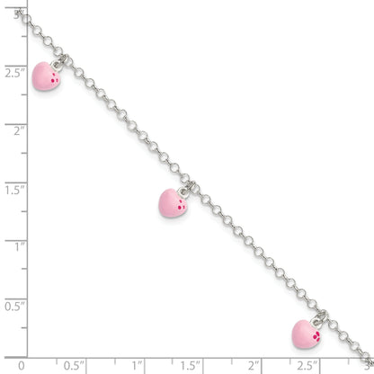 6 Inch Sterling Silver Polished Pink Enameled Hearts Children'S Bracelet