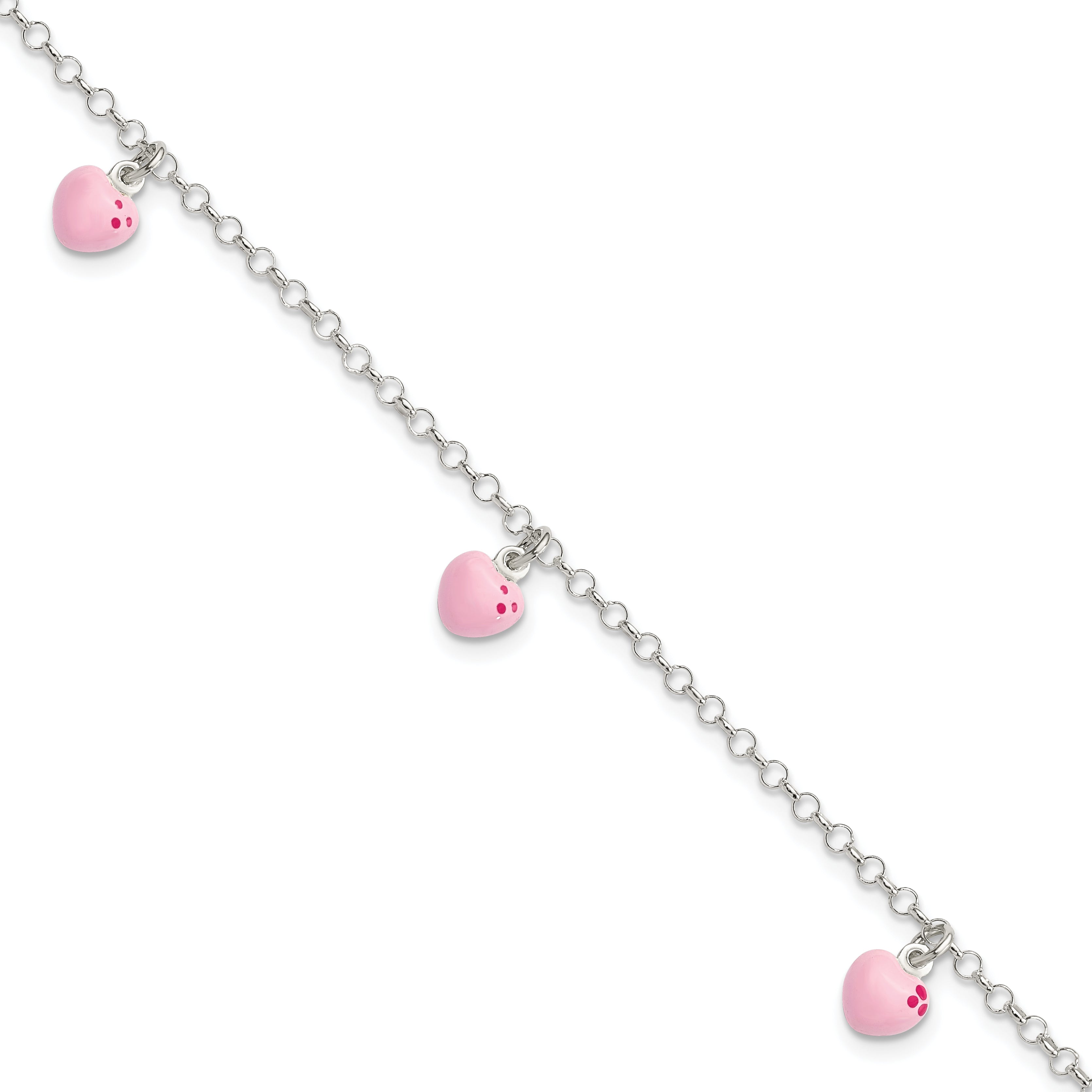 6 Inch Sterling Silver Polished Pink Enameled Hearts Children'S Bracelet