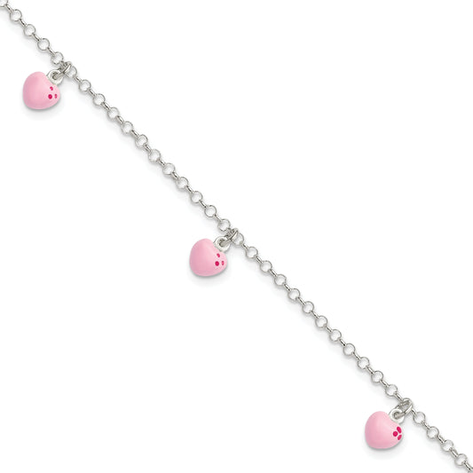 6 Inch Sterling Silver Polished Pink Enameled Hearts Children'S Bracelet