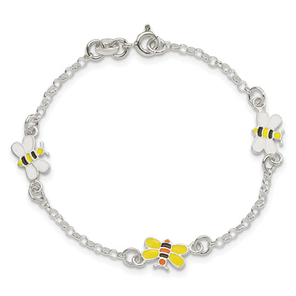 6 Inch Sterling Silver Polished & Enameled Bees Children'S Bracelet
