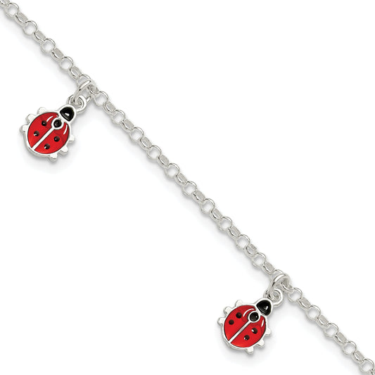 7 Inch Sterling Silver Polished Enameled Ladybugs W/ 1In Ext. Children'S Bracelet
