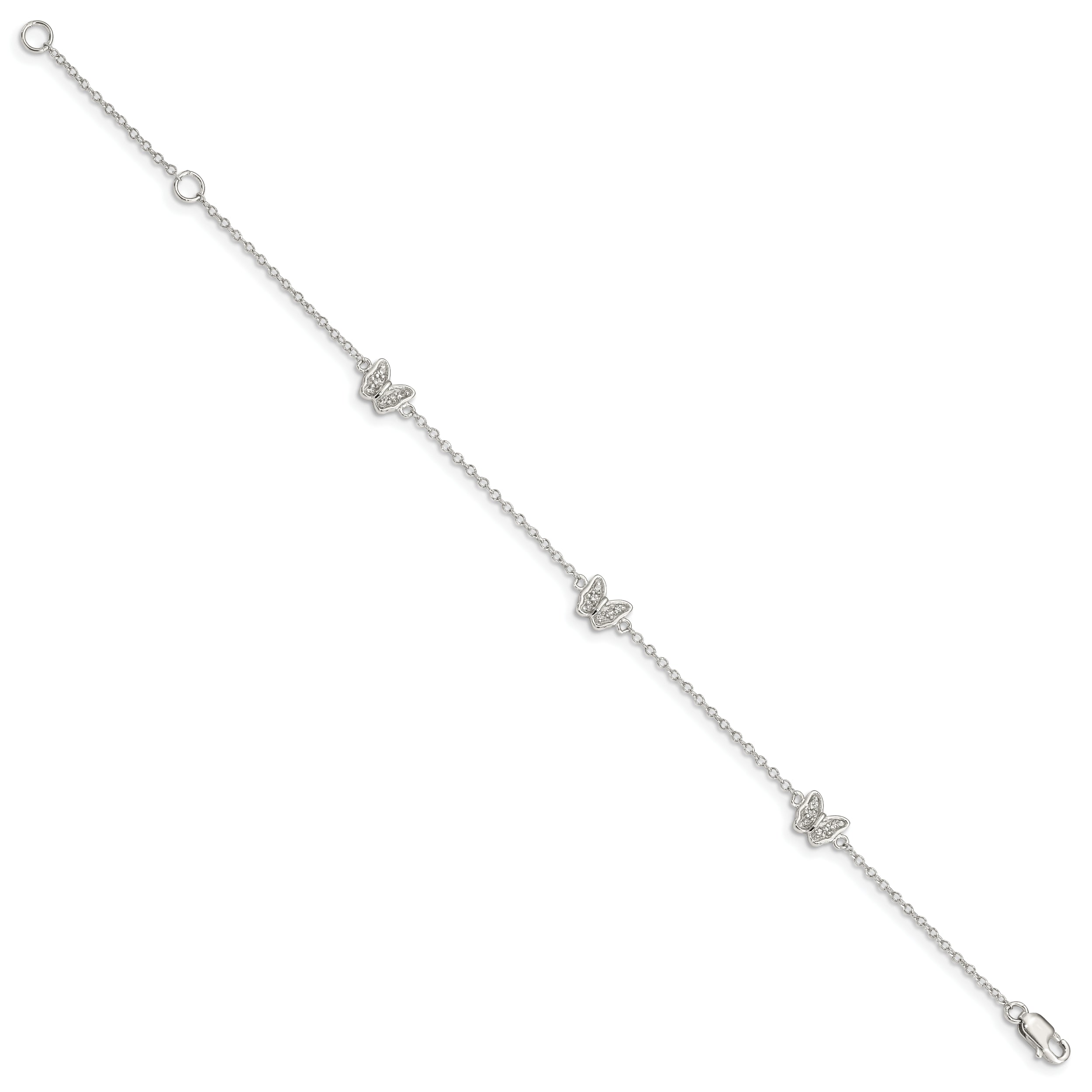 7 Inch Sterling Silver Rhodium-Plated Polished Cz Butterflies 6 Bracelet With 1 Extension