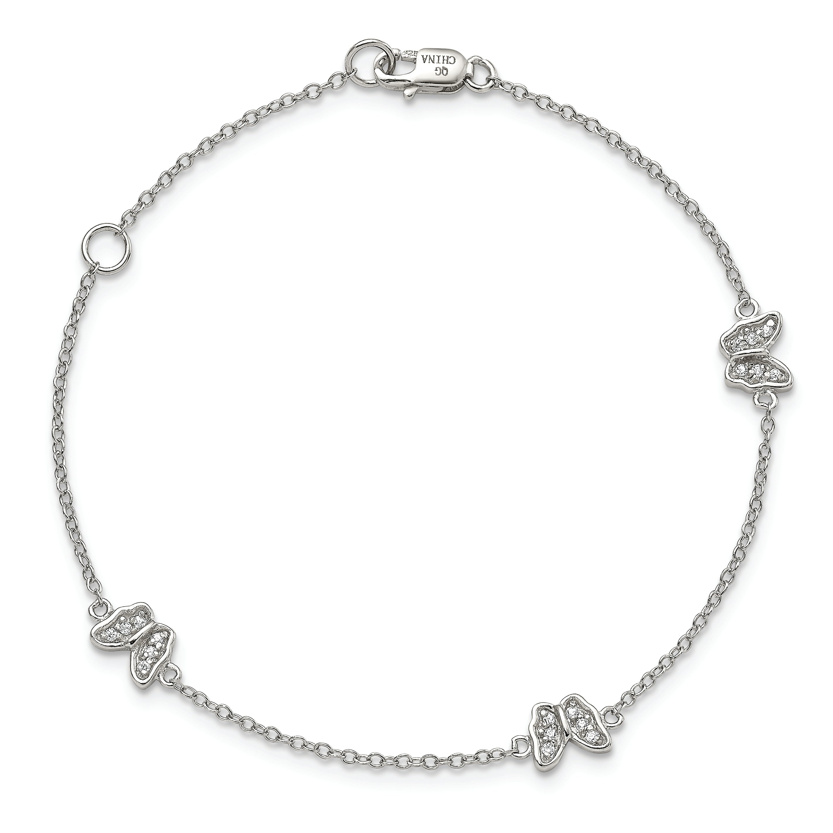 7 Inch Sterling Silver Rhodium-Plated Polished Cz Butterflies 6 Bracelet With 1 Extension