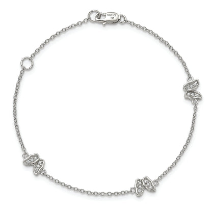 7 Inch Sterling Silver Rhodium-Plated Polished Cz Butterflies 6 Bracelet With 1 Extension