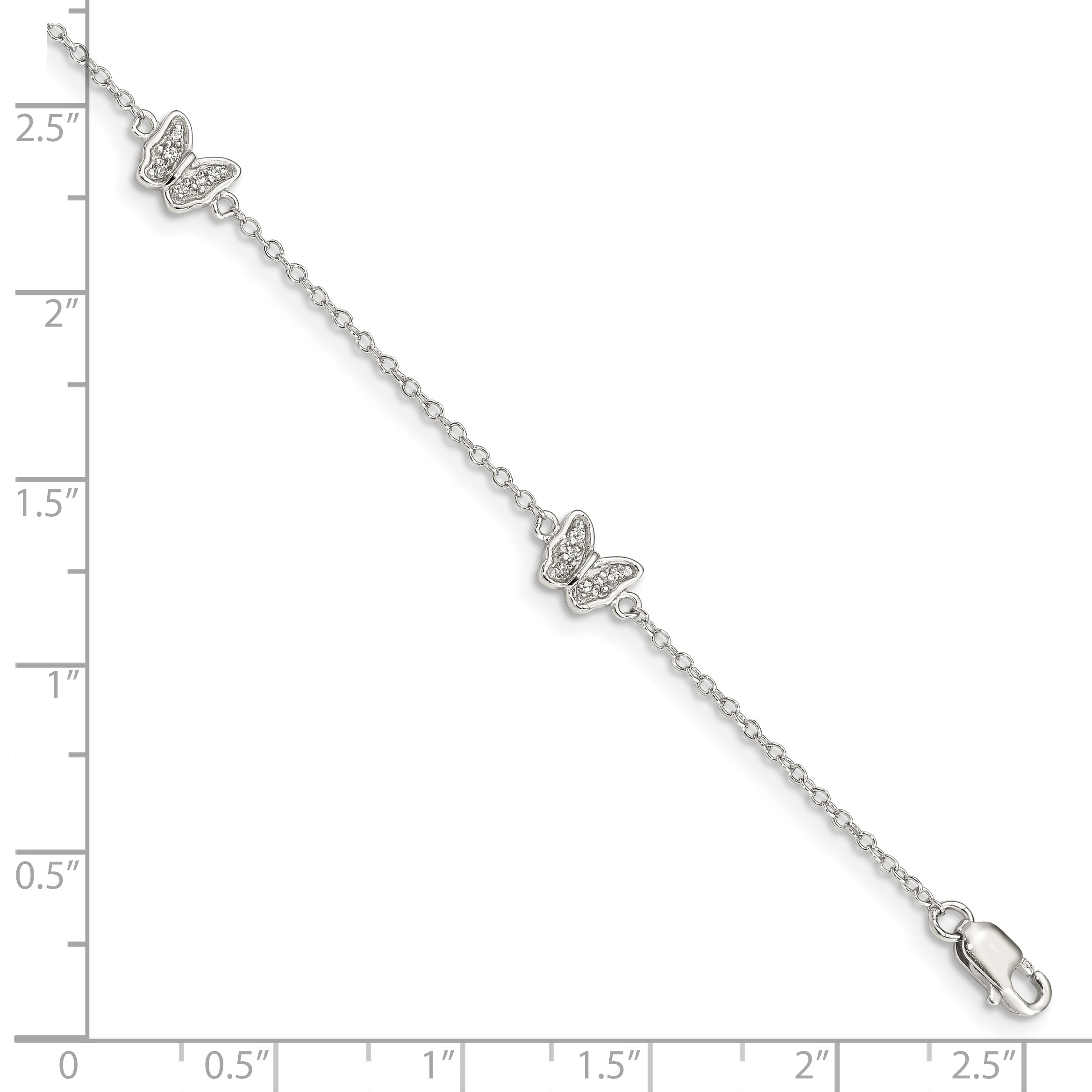 7 Inch Sterling Silver Rhodium-Plated Polished Cz Butterflies 6 Bracelet With 1 Extension
