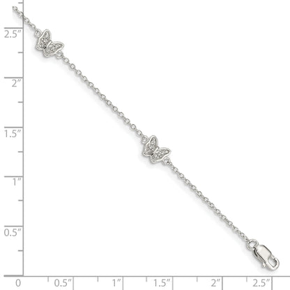 7 Inch Sterling Silver Rhodium-Plated Polished Cz Butterflies 6 Bracelet With 1 Extension