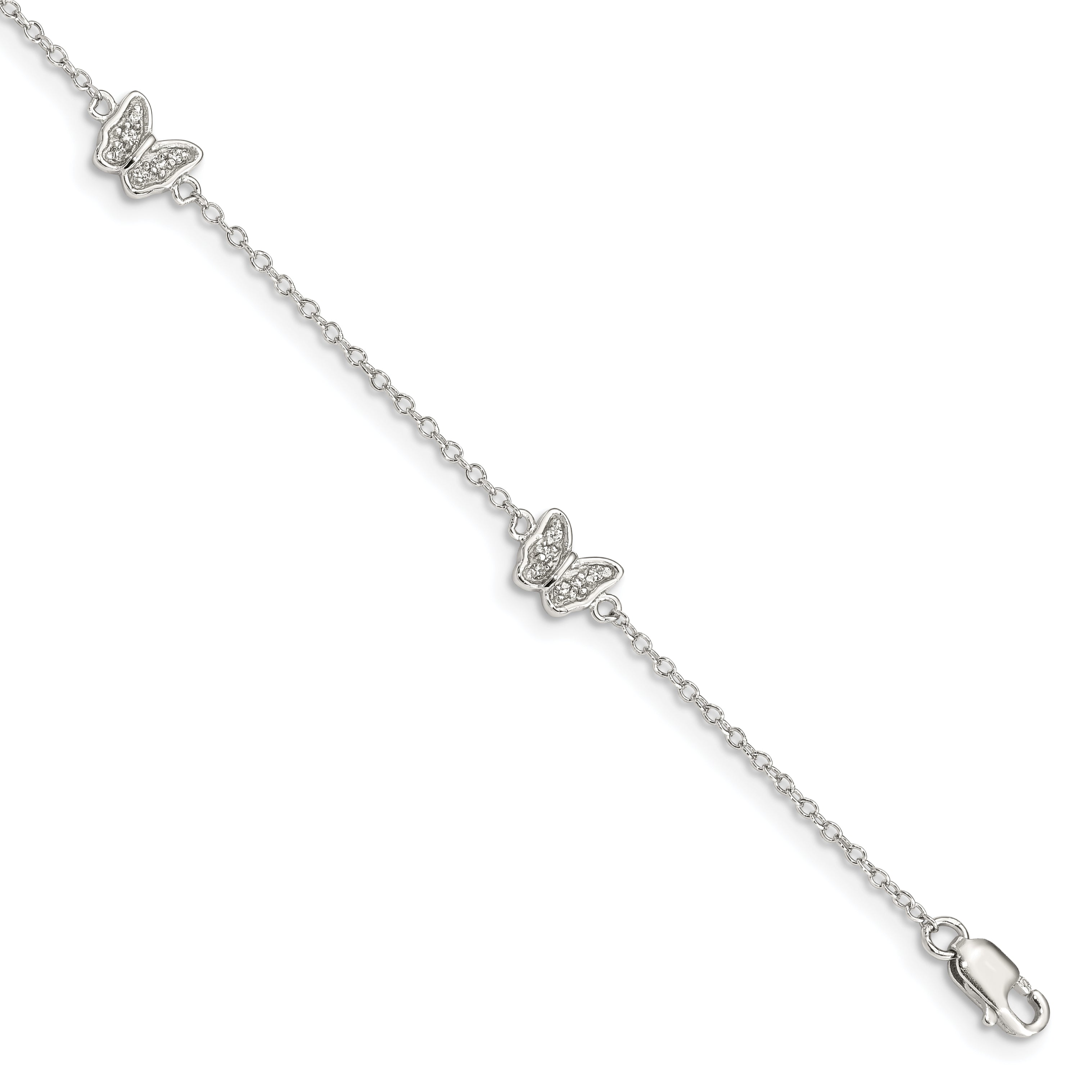 7 Inch Sterling Silver Rhodium-Plated Polished Cz Butterflies 6 Bracelet With 1 Extension