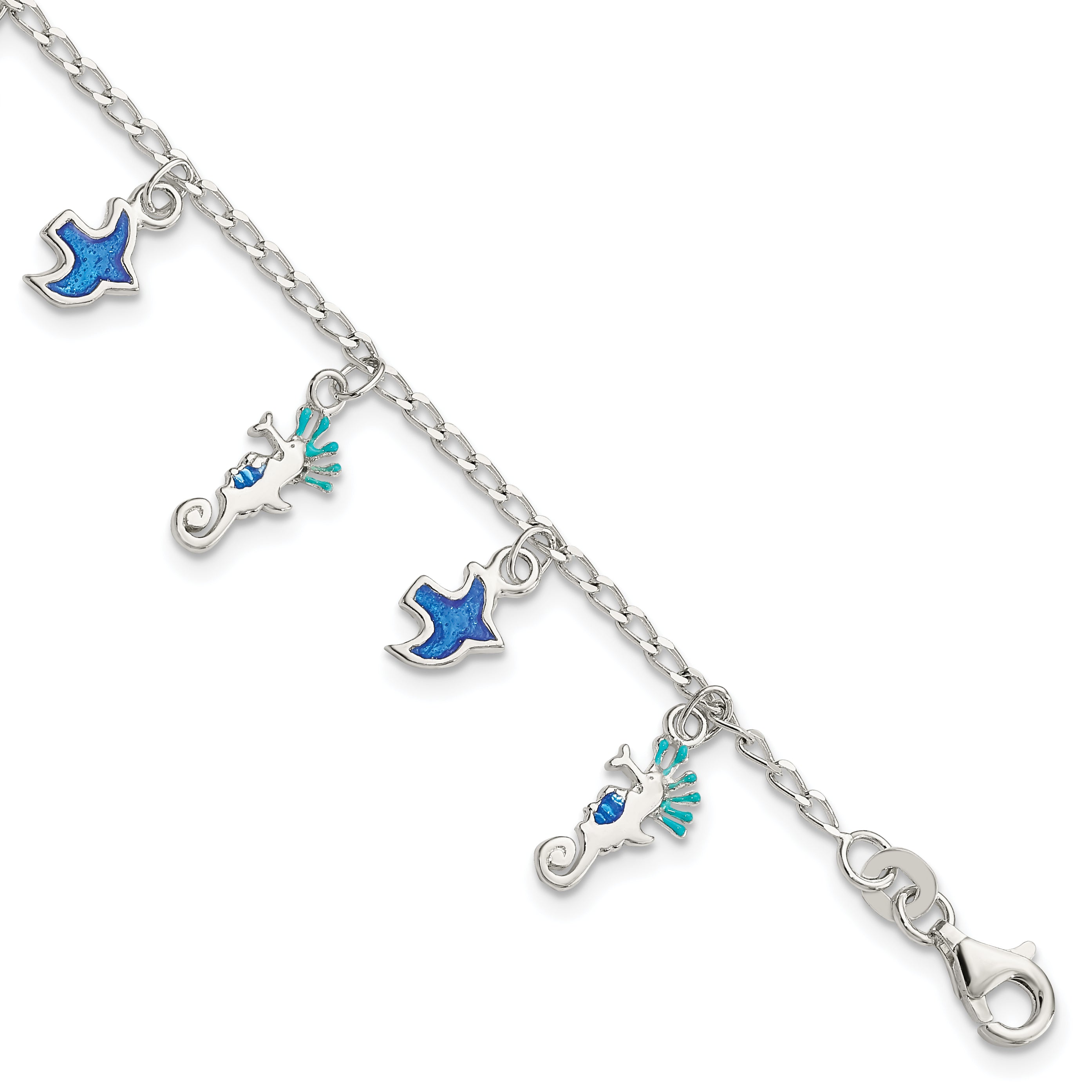 5 Inch Sterling Silver Enameled Seahorse & Birds W/ 1In Ext. Children'S Bracelet