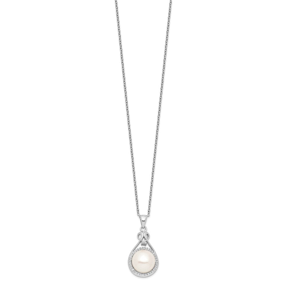 Sterling Silver Rhodium-Plated 10-11mm White Fwc Pearl Cz Necklace
