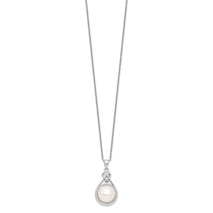 Sterling Silver Rhodium-Plated 10-11mm White Fwc Pearl Cz Necklace