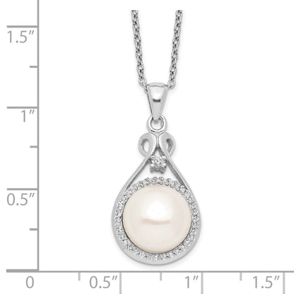 Sterling Silver Rhodium-Plated 10-11mm White Fwc Pearl Cz Necklace