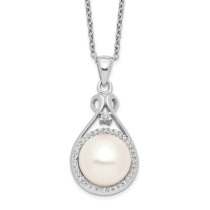 Sterling Silver Rhodium-Plated 10-11mm White Fwc Pearl Cz Necklace