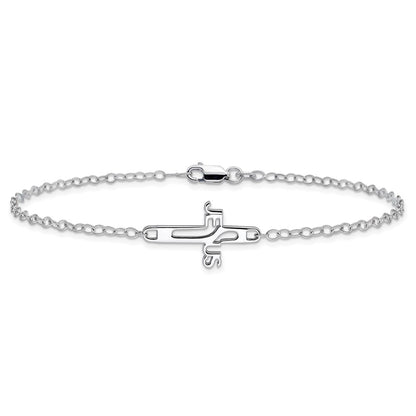 Sterling Silver Rhodium-Plated Jesus Cross Anklet