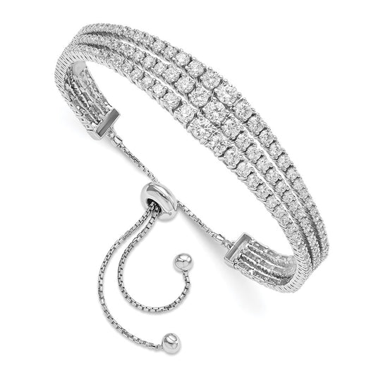 Sterling Silver Shimmer Rhodium-Plated 177 Stone Graduated Cz 3 Strand Adjustable Bracelet