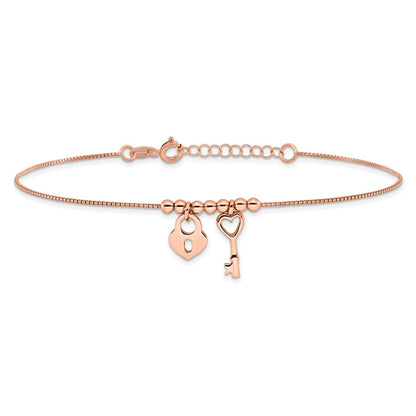 Sterling Silver Rose-Tone Polished Heart Lock With 1In Ext Anklet