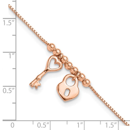 Sterling Silver Rose-Tone Polished Heart Lock With 1In Ext Anklet