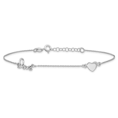 Sterling Silver Rhodium-Plated Heart And Love 9In Plus 1In Ext. Anklet