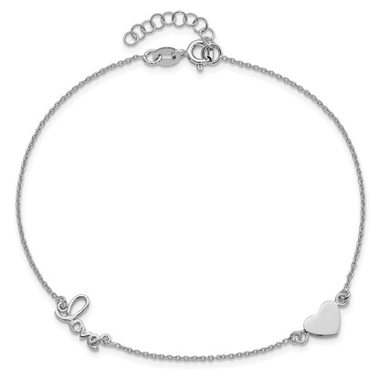 Sterling Silver Rhodium-Plated Heart And Love 9In Plus 1In Ext. Anklet