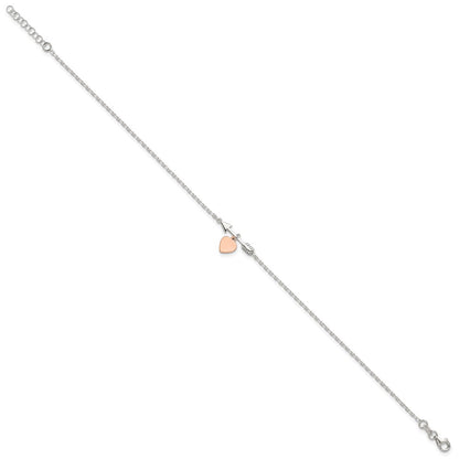 Sterling Silver Arrow With Rose-Tone Heart 10In Plus 1 Inch Ext Anklet