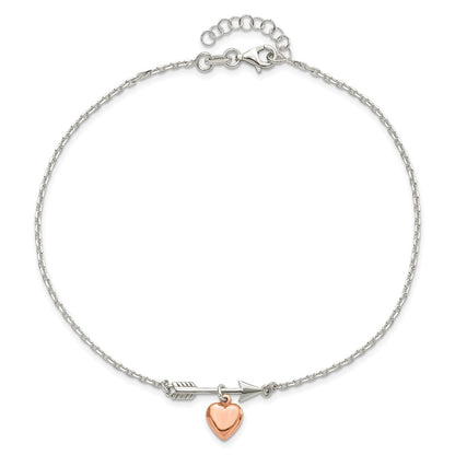 Sterling Silver Arrow With Rose-Tone Heart 10In Plus 1 Inch Ext Anklet