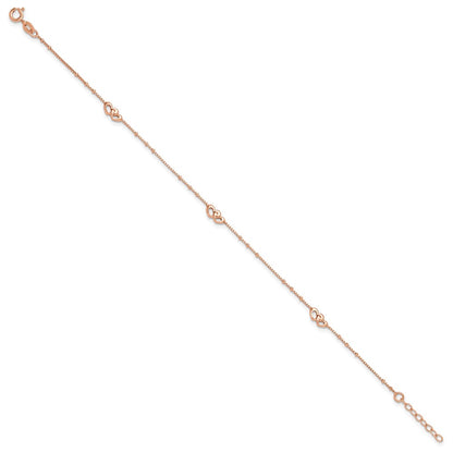 Sterling Silver Rose-Tone Polished Hearts 9In Plus 1In Ext Anklet
