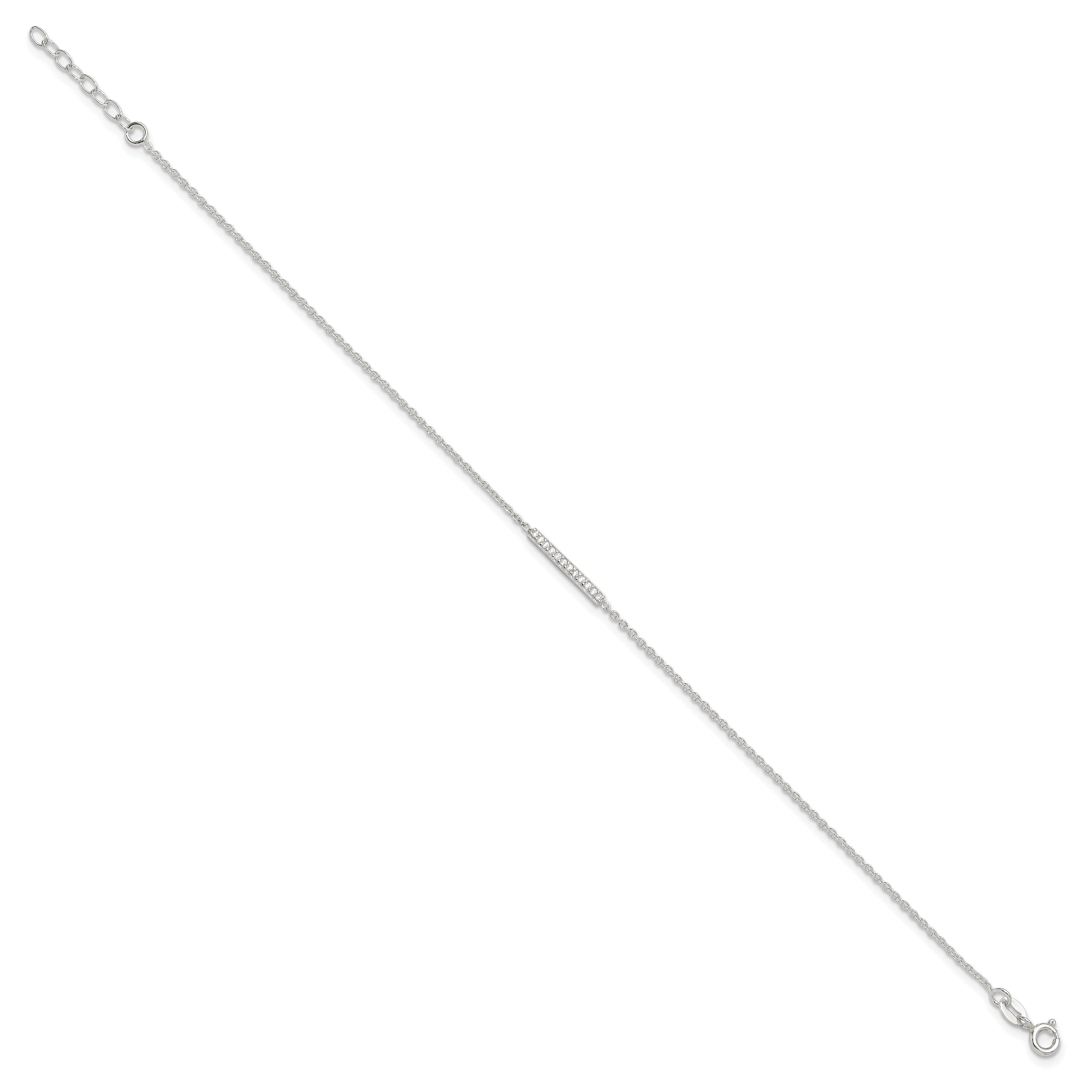 Sterling Silver Polished Cz Bar 9In Plus 1In Ext. Anklet