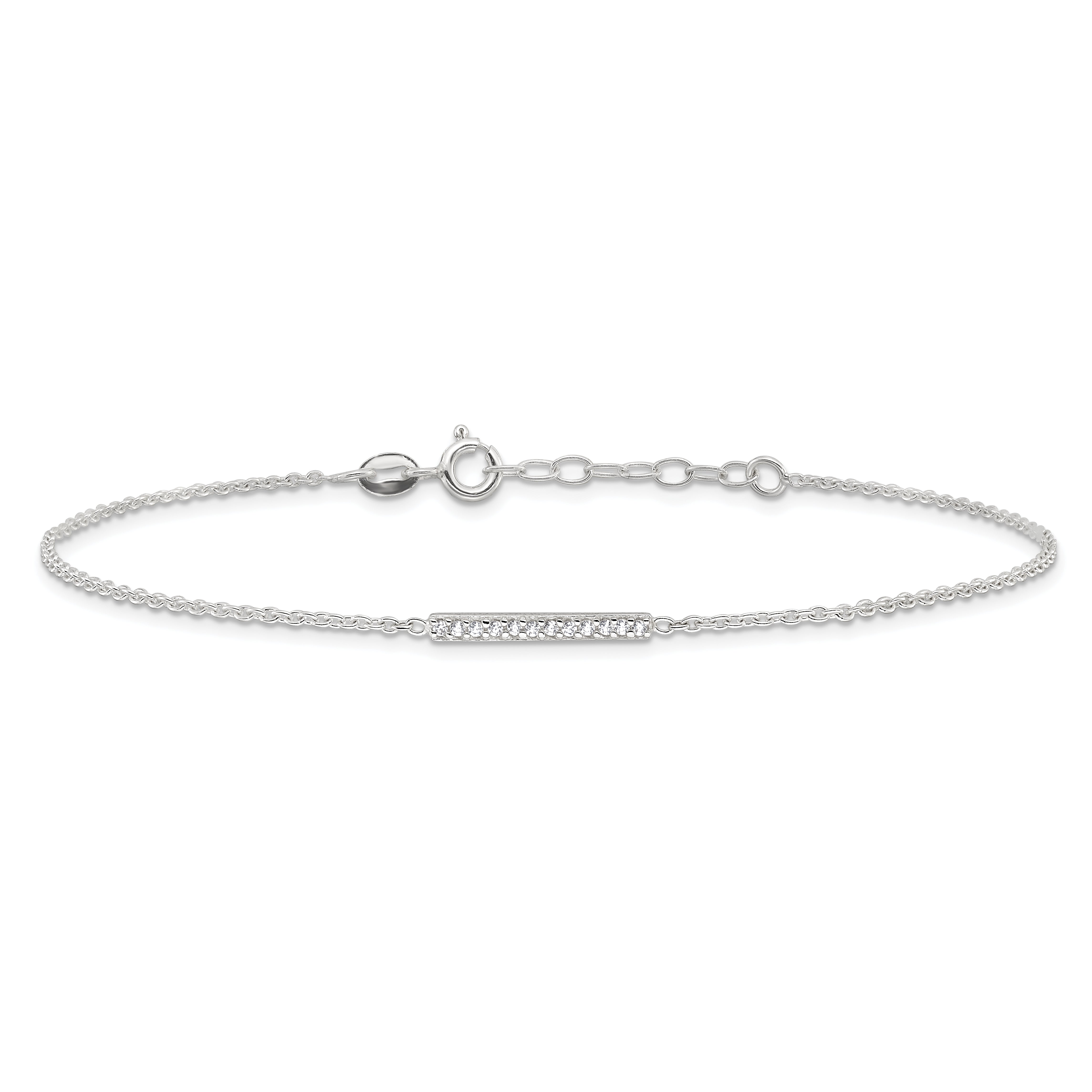 Sterling Silver Polished Cz Bar 9In Plus 1In Ext. Anklet
