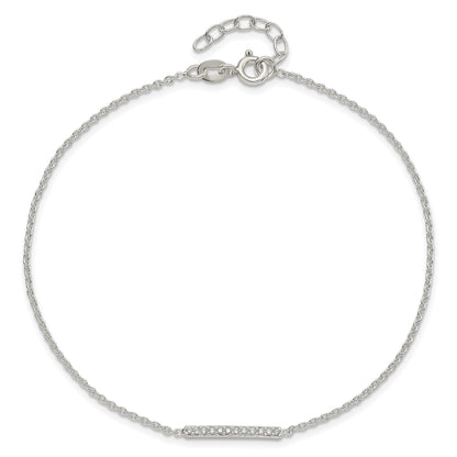 Sterling Silver Polished Cz Bar 9In Plus 1In Ext. Anklet