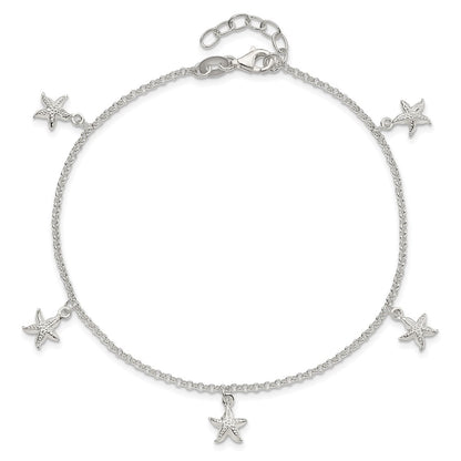 Sterling Silver Starfish Dangles 9 Inch Plus 1 Ext. Anklet