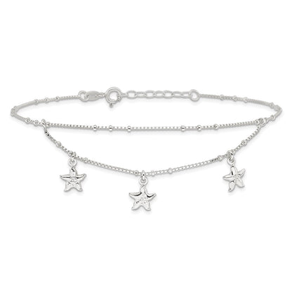 Sterling Silver Polished 2-Strand Starfish 9In Plus 1In Ext Anklet