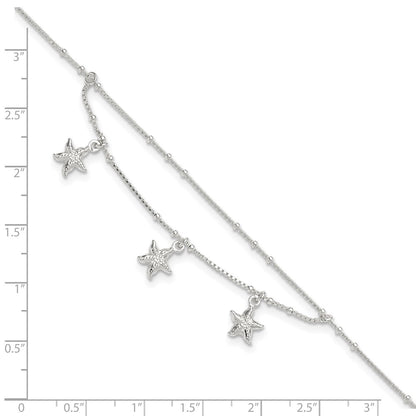 Sterling Silver Polished 2-Strand Starfish 9In Plus 1In Ext Anklet