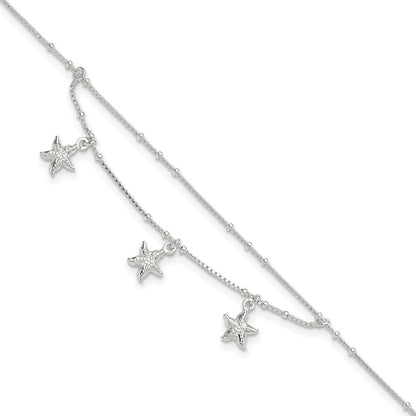Sterling Silver Polished 2-Strand Starfish 9In Plus 1In Ext Anklet