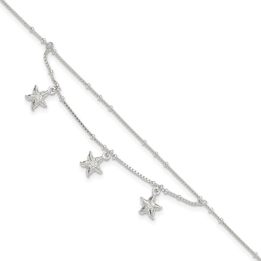 Sterling Silver Polished 2-Strand Starfish 9In Plus 1In Ext Anklet