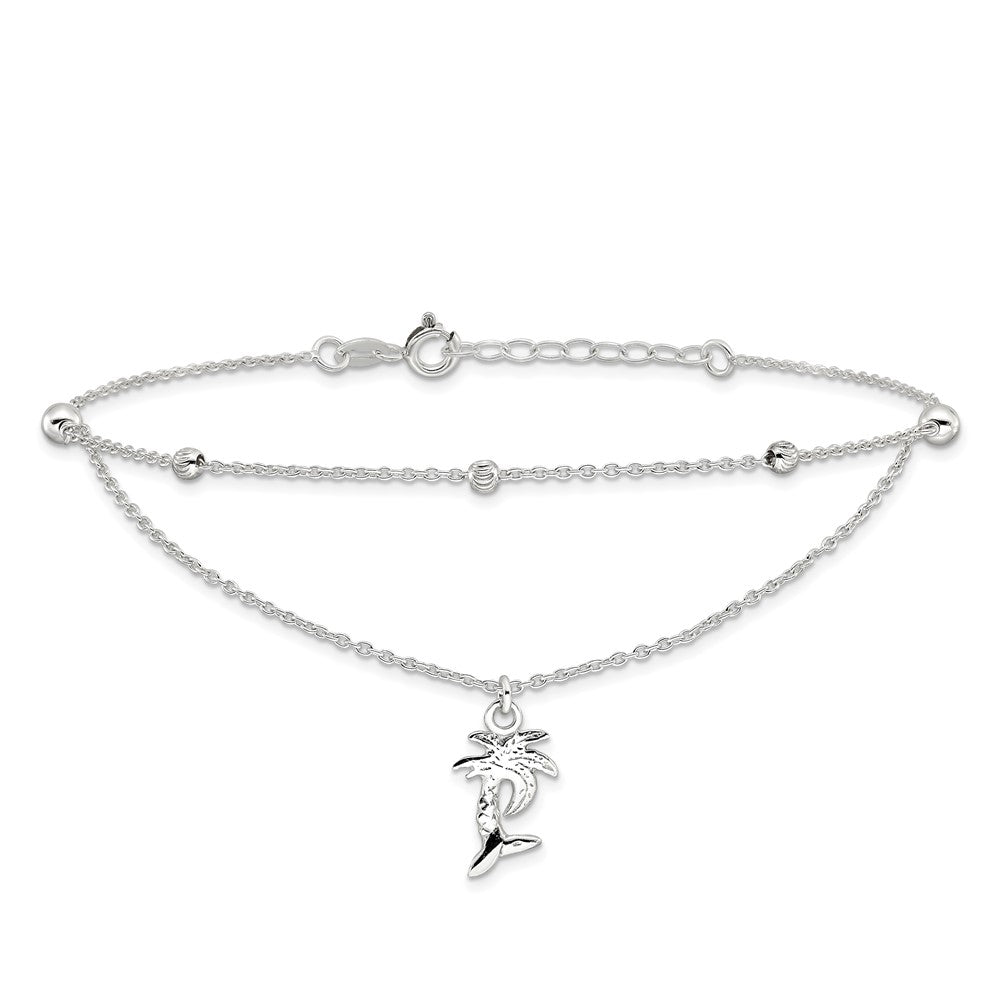 Sterling Silver Polished 2-Strand Palm Tree 9In Plus 1In Ext Anklet