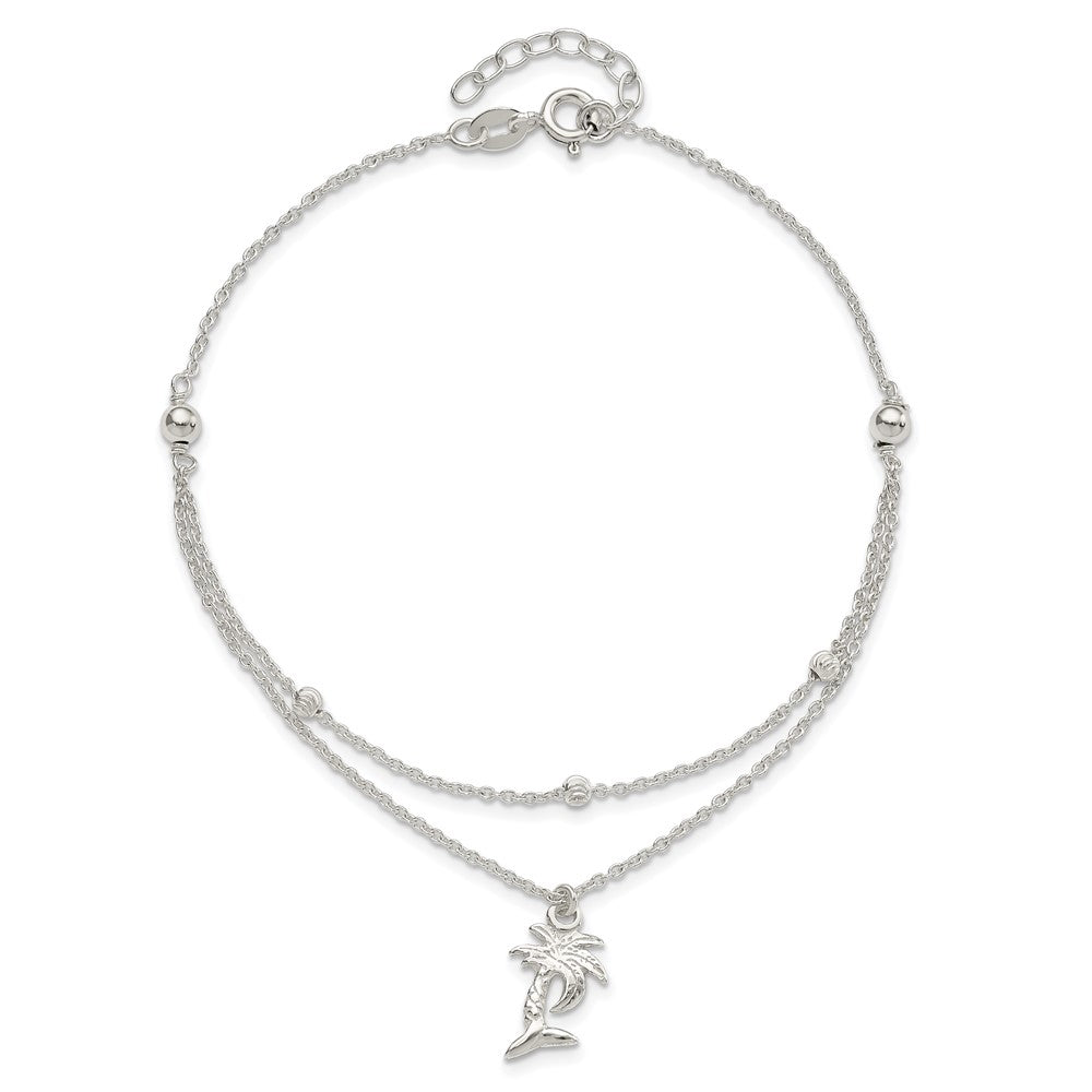 Sterling Silver Polished 2-Strand Palm Tree 9In Plus 1In Ext Anklet