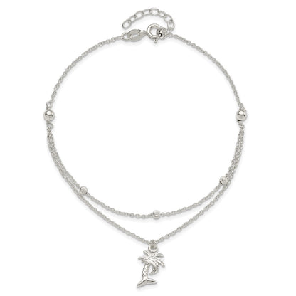Sterling Silver Polished 2-Strand Palm Tree 9In Plus 1In Ext Anklet