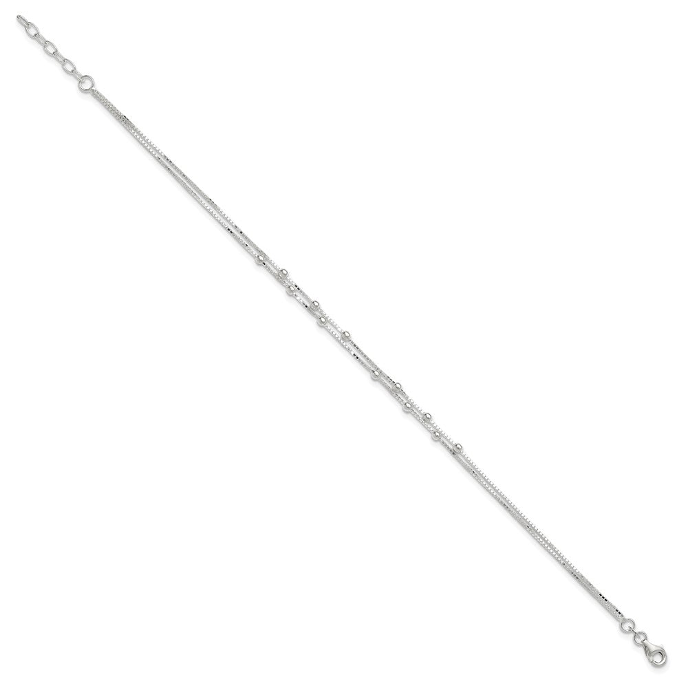 Sterling Silver Polished Beaded 2-Strand 9 Inch Plus 1 Ext. Anklet