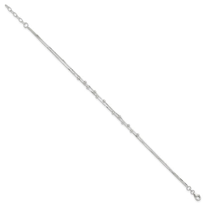 Sterling Silver Polished Beaded 2-Strand 9 Inch Plus 1 Ext. Anklet