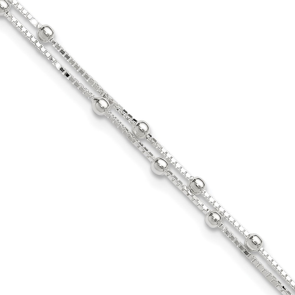 Sterling Silver Polished Beaded 2-Strand 9 Inch Plus 1 Ext. Anklet