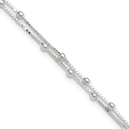 Sterling Silver Polished Beaded 2-Strand 9 Inch Plus 1 Ext. Anklet