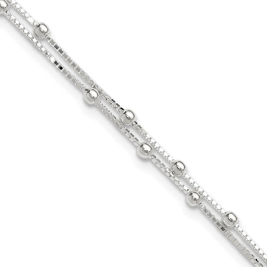 Sterling Silver Polished Beaded 2-Strand 9 Inch Plus 1 Ext. Anklet