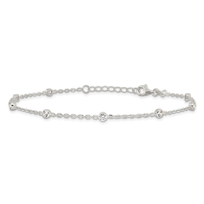 Sterling Silver Polished W/Cz 9 Inch Plus1 Ext. Anklet