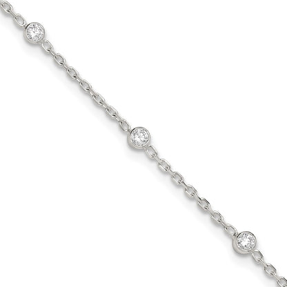 Sterling Silver Polished W/Cz 9 Inch Plus1 Ext. Anklet