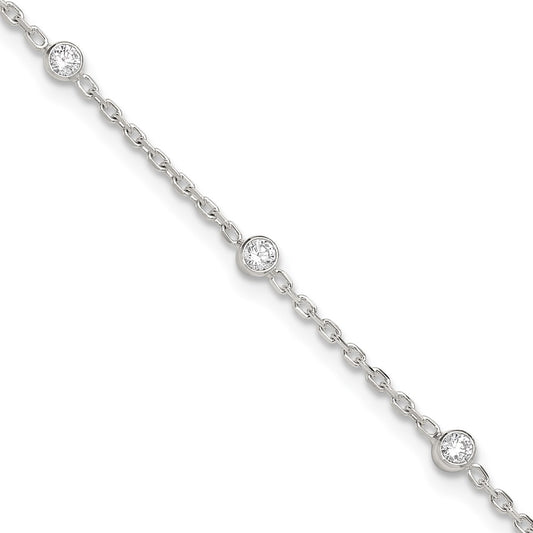 Sterling Silver Polished W/Cz 9 Inch Plus1 Ext. Anklet