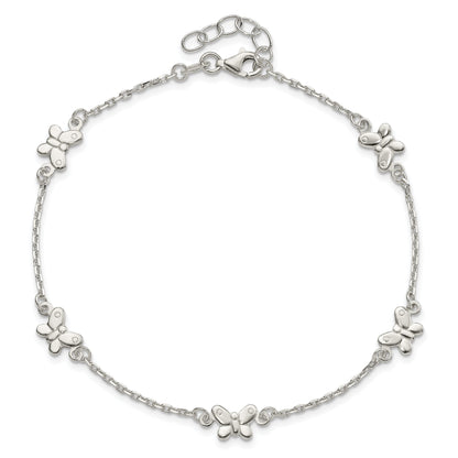 Sterling Silver Polished Butterfly 9In Plus 1In Ext Anklet