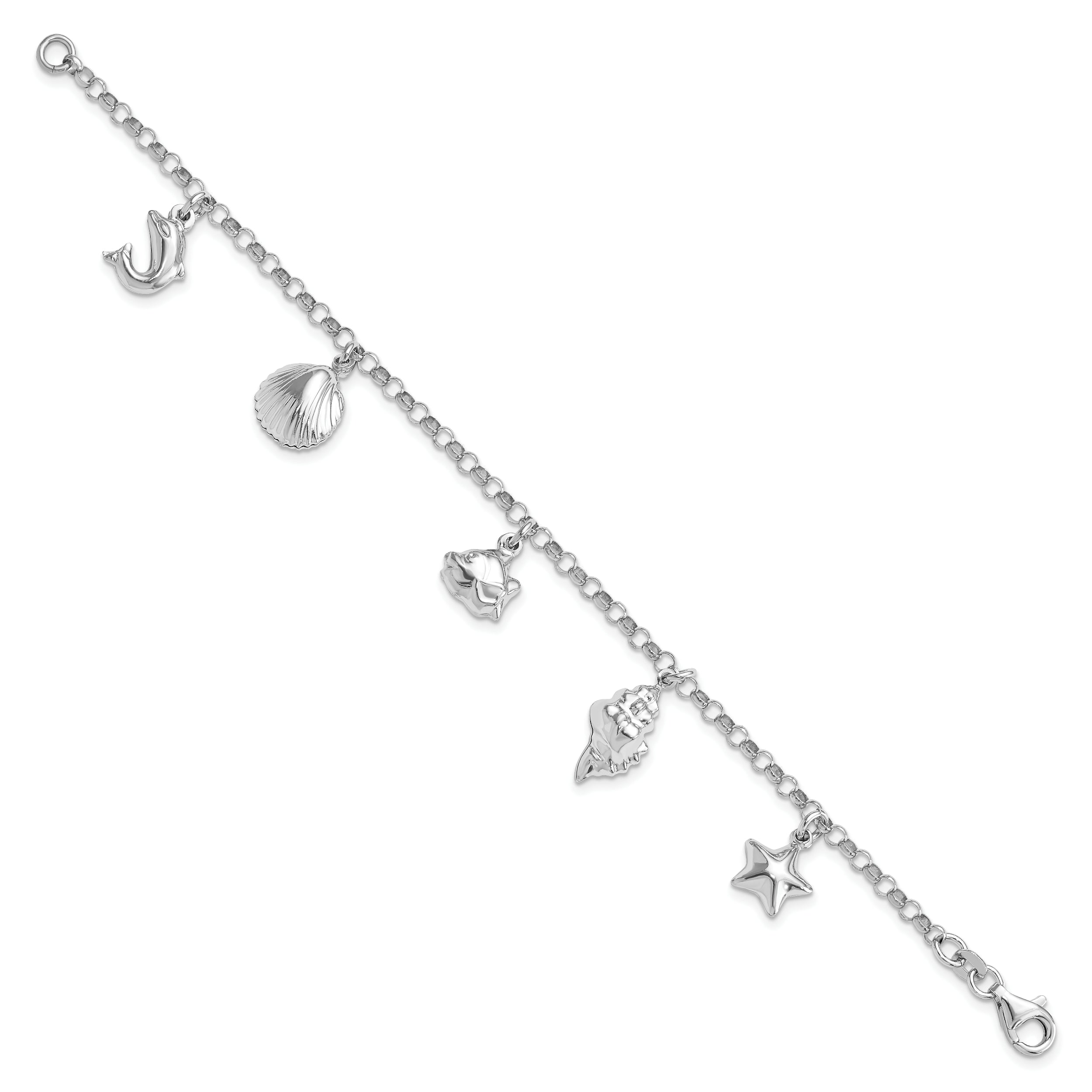 Sterling Silver Rhodium-Plated Beach Theme 7 Inch Charm Bracelet