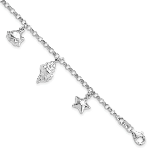 Sterling Silver Rhodium-Plated Beach Theme 7 Inch Charm Bracelet