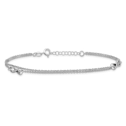 Sterling Silver Rhodium-Plated 2-Strand 9In Plus 1In Ext. Infinity Anklet