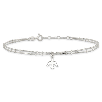 Sterling Silver Polished 2-Strand Dove 9In Plus1In Ext Anklet