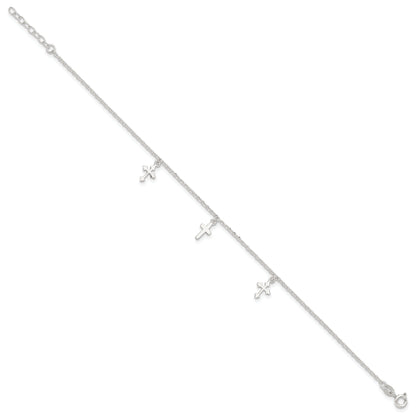 Sterling Silver Polished Cross Dangle 9In Plus 1In Ext Anklet